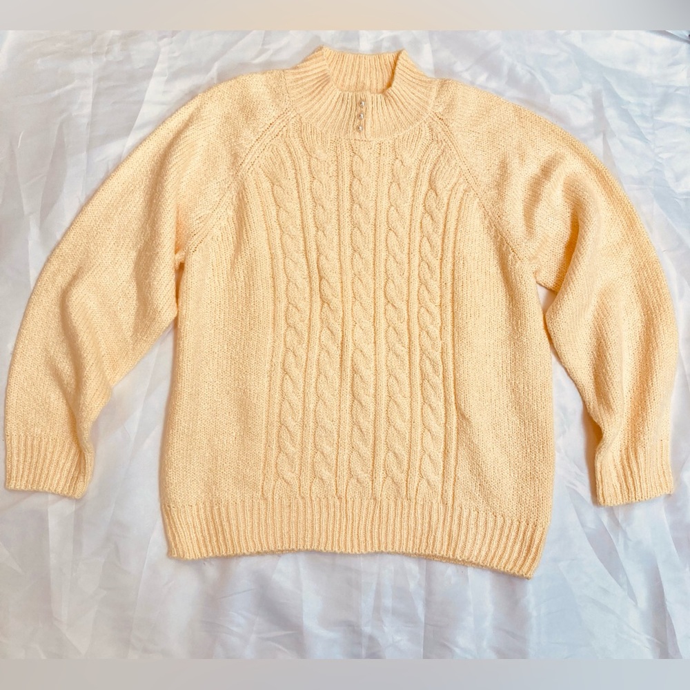 Karen Scott Butter Yellow Cable Knit Pearl Mock Neck Sweater L